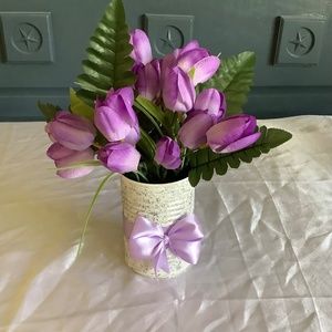 Spring/easter purple tulip centerpiece with glitter and painted upcycled tin can